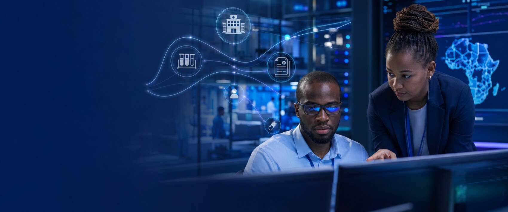 Genesys specialists reviewing connected hospital, laboratory, pharmacy and records data across a map of Africa